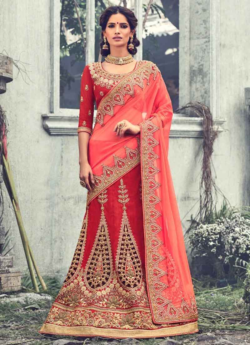 Lovely-Tomato-Red-Embroidery-Work-Raw-Silk-Georgette-Bridal-Lehenga-Sarees-204-800x1100